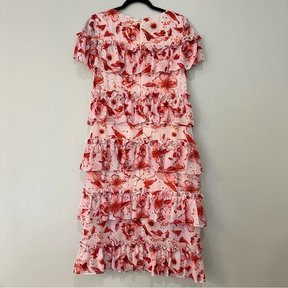 Badgley Mischka Tiered Ruffle Floral Dress Pink Mini Size 10 RTR Designer - Picture 11 of 14